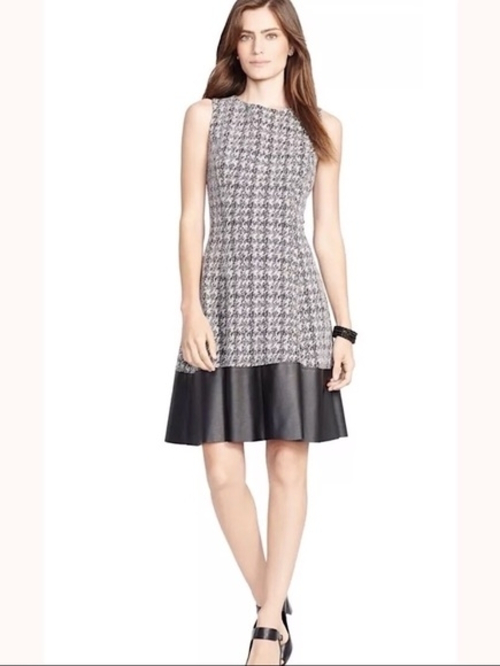 Lauren Ralph Lauren Sleeveless Tweed Mini Dress w/Faux Leather Black Hem